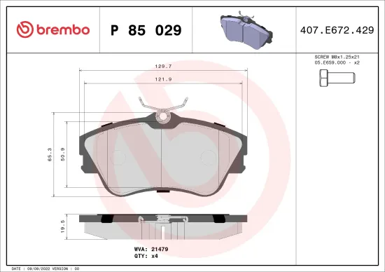 Bremsbelagsatz, Scheibenbremse Vorderachse BREMBO P 85 029 Bild Bremsbelagsatz, Scheibenbremse Vorderachse BREMBO P 85 029