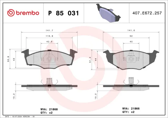 Bremsbelagsatz, Scheibenbremse Vorderachse BREMBO P 85 031 Bild Bremsbelagsatz, Scheibenbremse Vorderachse BREMBO P 85 031