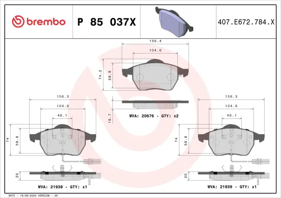 Bremsbelagsatz, Scheibenbremse BREMBO P 85 037X Bild Bremsbelagsatz, Scheibenbremse BREMBO P 85 037X