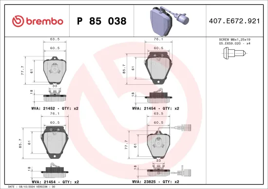 Bremsbelagsatz, Scheibenbremse Vorderachse BREMBO P 85 038 Bild Bremsbelagsatz, Scheibenbremse Vorderachse BREMBO P 85 038