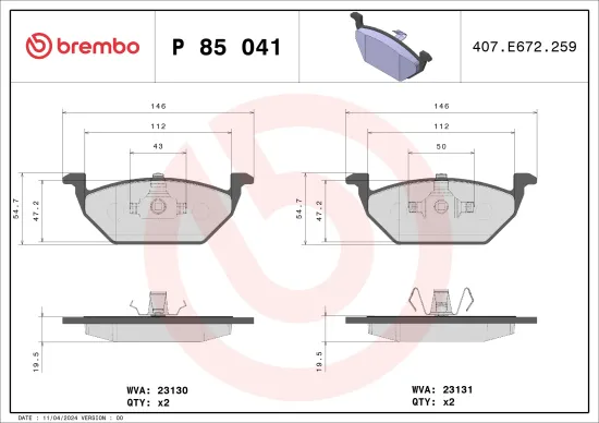 Bremsbelagsatz, Scheibenbremse BREMBO P 85 041 Bild Bremsbelagsatz, Scheibenbremse BREMBO P 85 041