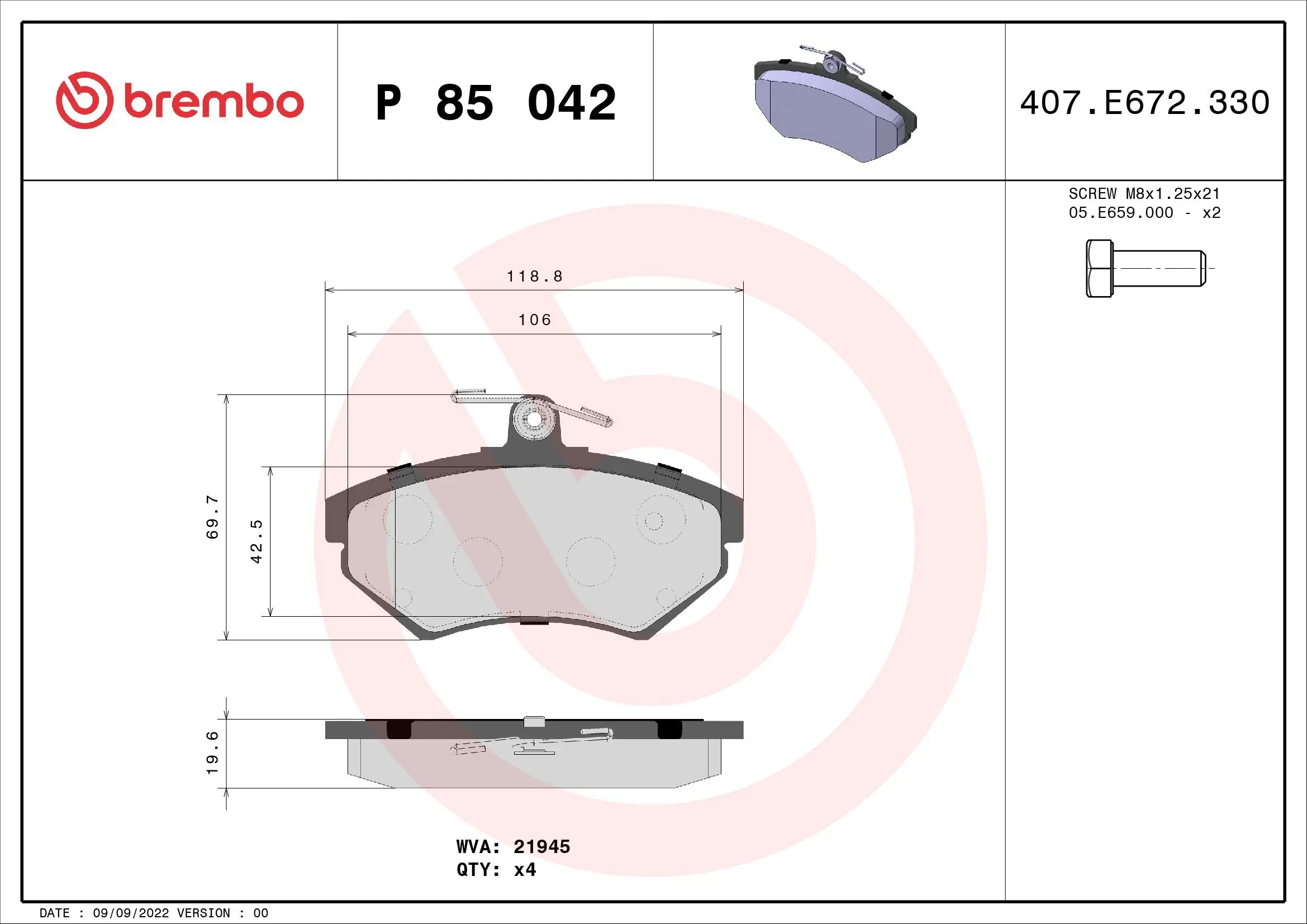 Bremsbelagsatz, Scheibenbremse Vorderachse BREMBO P 85 042