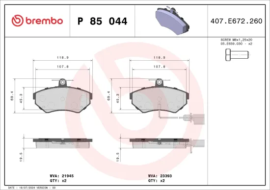Bremsbelagsatz, Scheibenbremse Vorderachse BREMBO P 85 044 Bild Bremsbelagsatz, Scheibenbremse Vorderachse BREMBO P 85 044