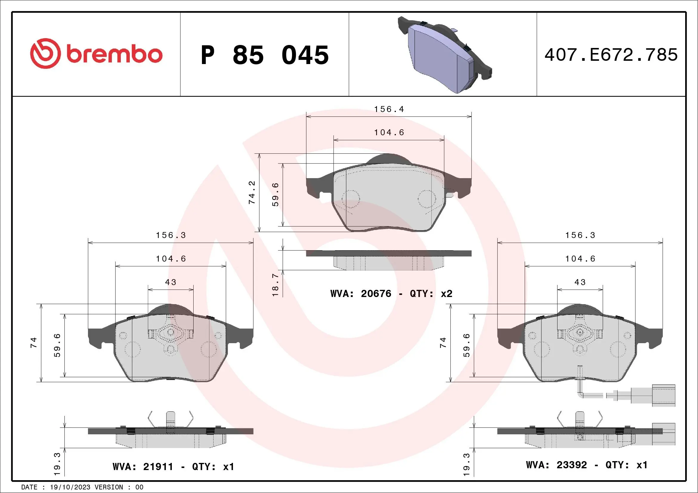 Bremsbelagsatz, Scheibenbremse Vorderachse BREMBO P 85 045