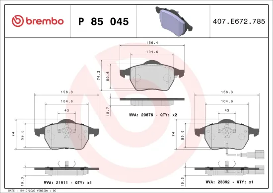 Bremsbelagsatz, Scheibenbremse Vorderachse BREMBO P 85 045 Bild Bremsbelagsatz, Scheibenbremse Vorderachse BREMBO P 85 045