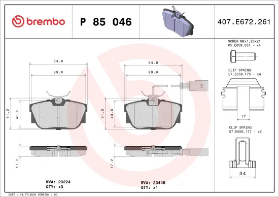 Bremsbelagsatz, Scheibenbremse Hinterachse BREMBO P 85 046 Bild Bremsbelagsatz, Scheibenbremse Hinterachse BREMBO P 85 046