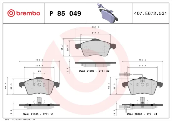 Bremsbelagsatz, Scheibenbremse Vorderachse BREMBO P 85 049 Bild Bremsbelagsatz, Scheibenbremse Vorderachse BREMBO P 85 049