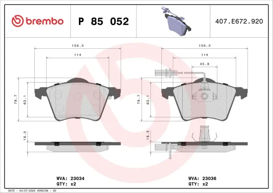 Bremsbelagsatz, Scheibenbremse Vorderachse BREMBO P 85 052 Bild Bremsbelagsatz, Scheibenbremse Vorderachse BREMBO P 85 052