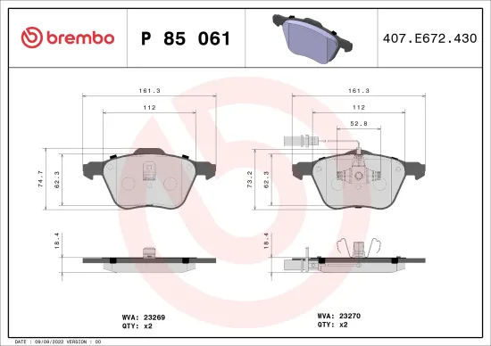 Bremsbelagsatz, Scheibenbremse BREMBO P 85 061 Bild Bremsbelagsatz, Scheibenbremse BREMBO P 85 061