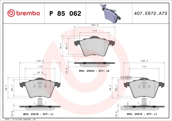 Bremsbelagsatz, Scheibenbremse BREMBO P 85 062 Bild Bremsbelagsatz, Scheibenbremse BREMBO P 85 062