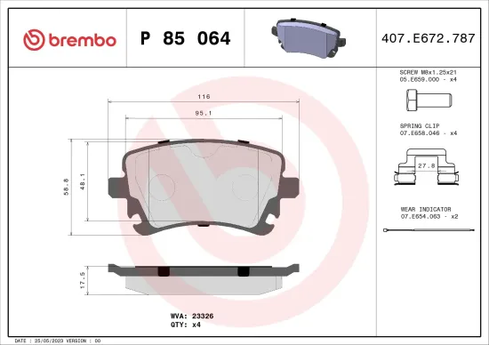 Bremsbelagsatz, Scheibenbremse Hinterachse BREMBO P 85 064 Bild Bremsbelagsatz, Scheibenbremse Hinterachse BREMBO P 85 064