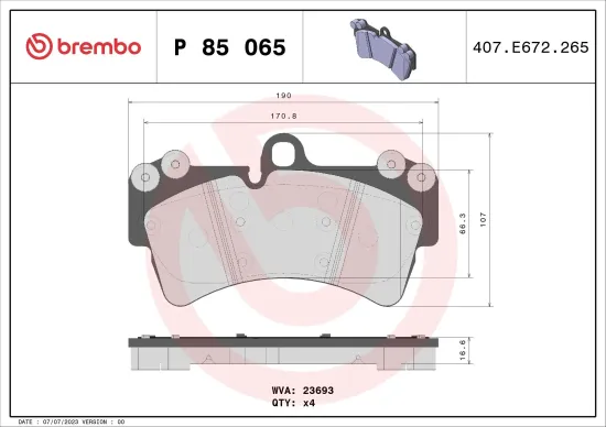Bremsbelagsatz, Scheibenbremse Vorderachse BREMBO P 85 065 Bild Bremsbelagsatz, Scheibenbremse Vorderachse BREMBO P 85 065
