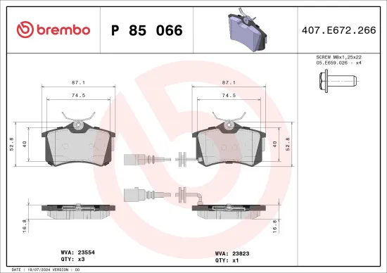 Bremsbelagsatz, Scheibenbremse Hinterachse BREMBO P 85 066 Bild Bremsbelagsatz, Scheibenbremse Hinterachse BREMBO P 85 066