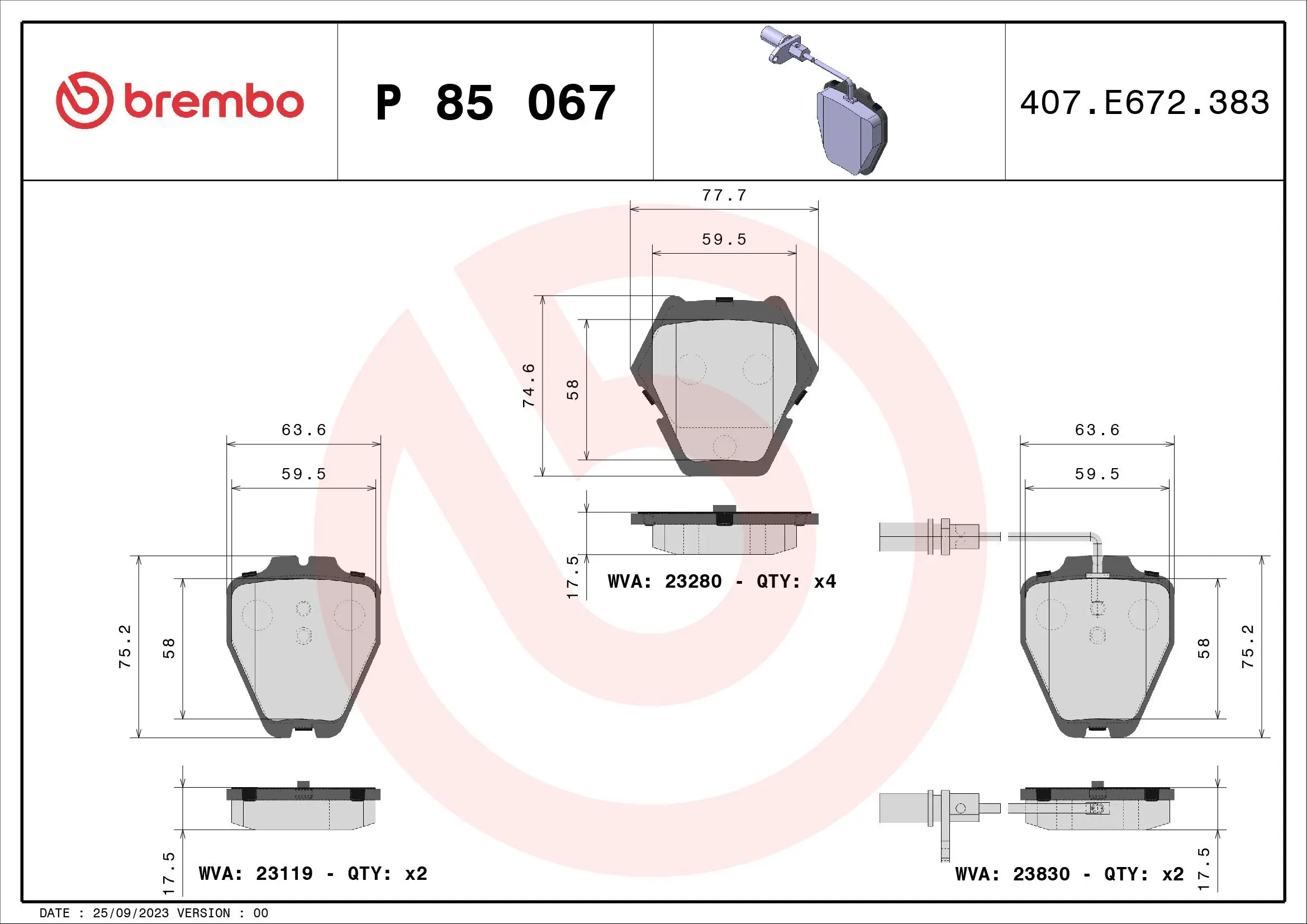 Bremsbelagsatz, Scheibenbremse BREMBO P 85 067