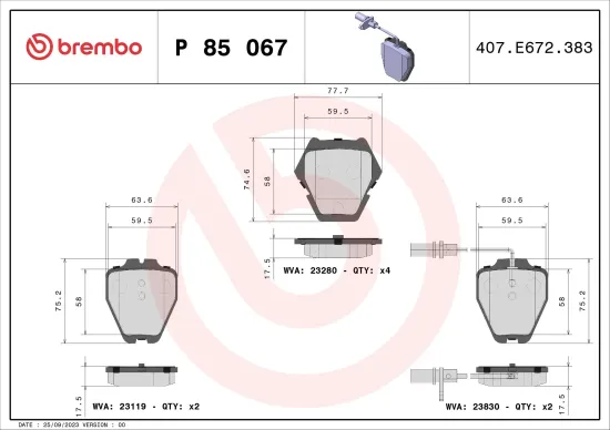 Bremsbelagsatz, Scheibenbremse BREMBO P 85 067 Bild Bremsbelagsatz, Scheibenbremse BREMBO P 85 067