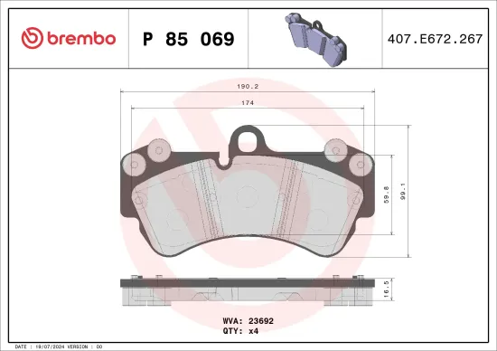 Bremsbelagsatz, Scheibenbremse Vorderachse BREMBO P 85 069 Bild Bremsbelagsatz, Scheibenbremse Vorderachse BREMBO P 85 069