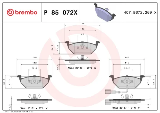 Bremsbelagsatz, Scheibenbremse Vorderachse BREMBO P 85 072X Bild Bremsbelagsatz, Scheibenbremse Vorderachse BREMBO P 85 072X