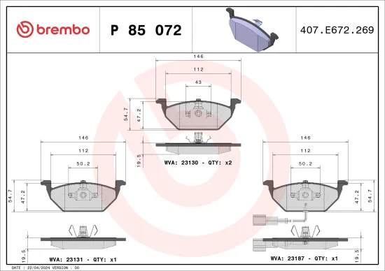 Bremsbelagsatz, Scheibenbremse Vorderachse BREMBO P 85 072 Bild Bremsbelagsatz, Scheibenbremse Vorderachse BREMBO P 85 072