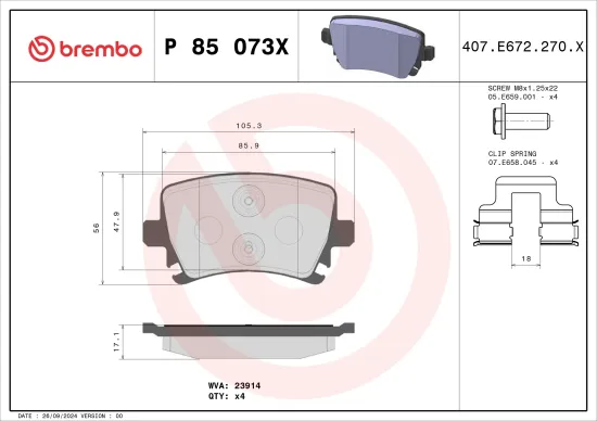 Bremsbelagsatz, Scheibenbremse BREMBO P 85 073X Bild Bremsbelagsatz, Scheibenbremse BREMBO P 85 073X