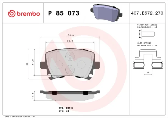 Bremsbelagsatz, Scheibenbremse BREMBO P 85 073 Bild Bremsbelagsatz, Scheibenbremse BREMBO P 85 073