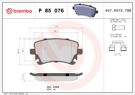 Bremsbelagsatz, Scheibenbremse Hinterachse BREMBO P 85 076 Bild Bremsbelagsatz, Scheibenbremse Hinterachse BREMBO P 85 076