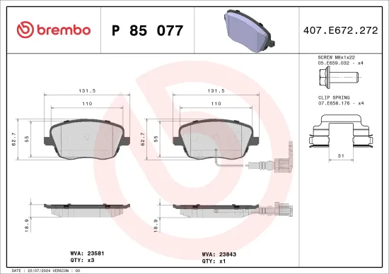 Bremsbelagsatz, Scheibenbremse Vorderachse BREMBO P 85 077 Bild Bremsbelagsatz, Scheibenbremse Vorderachse BREMBO P 85 077