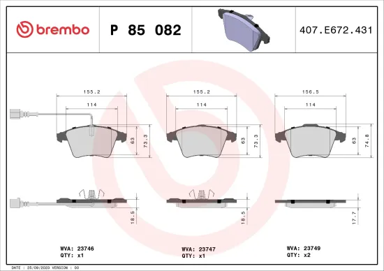 Bremsbelagsatz, Scheibenbremse Vorderachse BREMBO P 85 082 Bild Bremsbelagsatz, Scheibenbremse Vorderachse BREMBO P 85 082