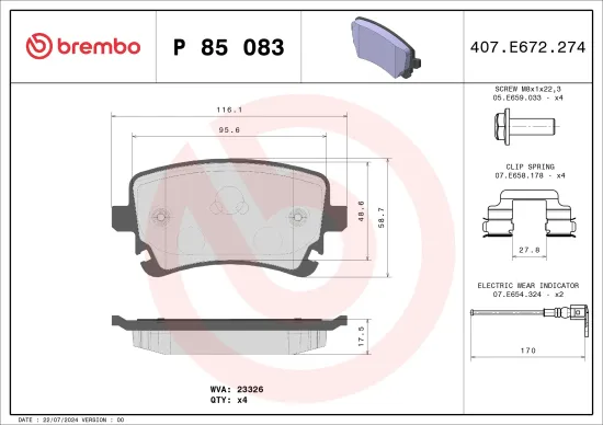 Bremsbelagsatz, Scheibenbremse BREMBO P 85 083 Bild Bremsbelagsatz, Scheibenbremse BREMBO P 85 083
