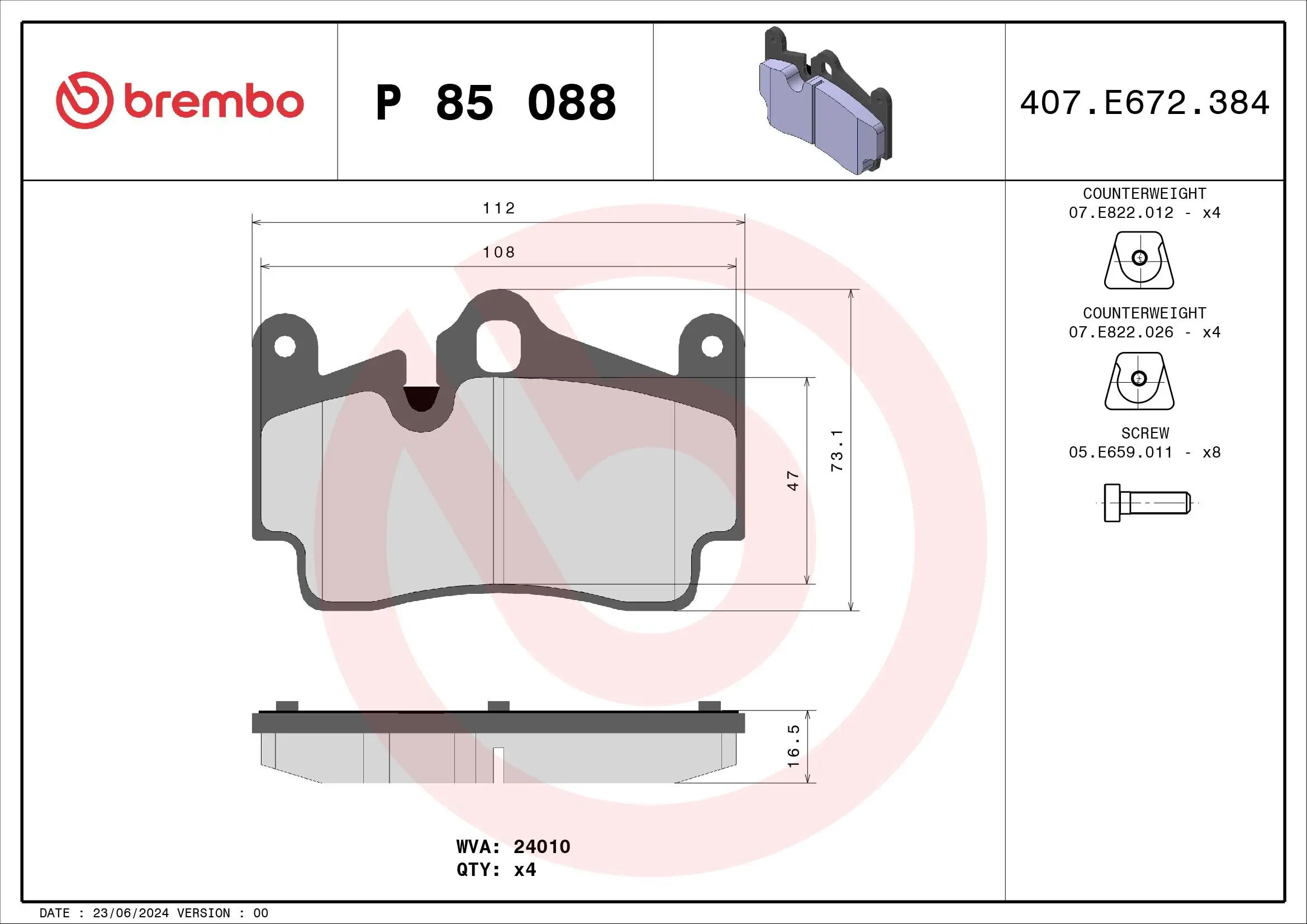 Bremsbelagsatz, Scheibenbremse Hinterachse BREMBO P 85 088