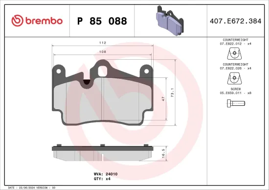 Bremsbelagsatz, Scheibenbremse Hinterachse BREMBO P 85 088 Bild Bremsbelagsatz, Scheibenbremse Hinterachse BREMBO P 85 088