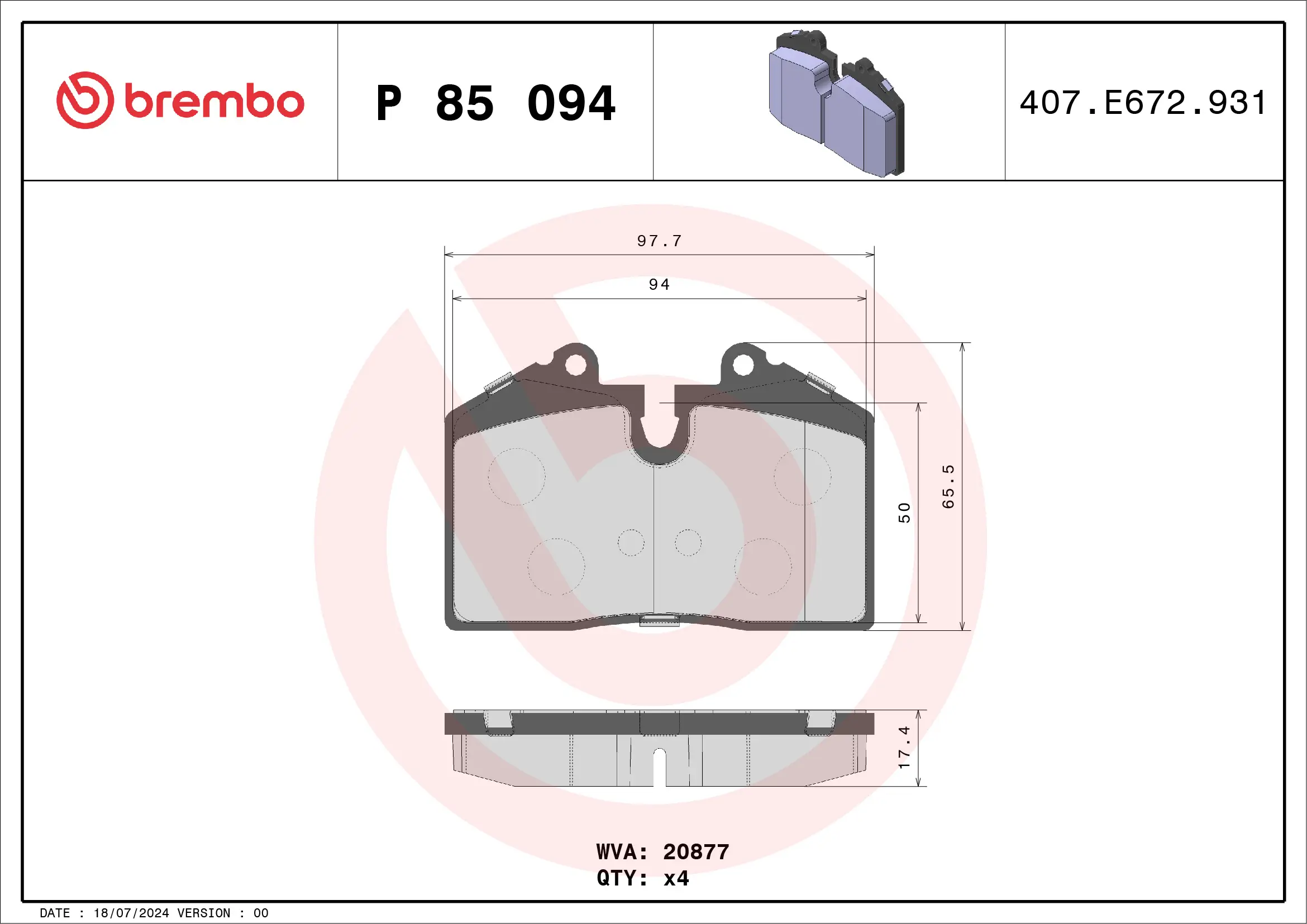 Bremsbelagsatz, Scheibenbremse BREMBO P 85 094