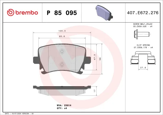 Bremsbelagsatz, Scheibenbremse Hinterachse BREMBO P 85 095 Bild Bremsbelagsatz, Scheibenbremse Hinterachse BREMBO P 85 095