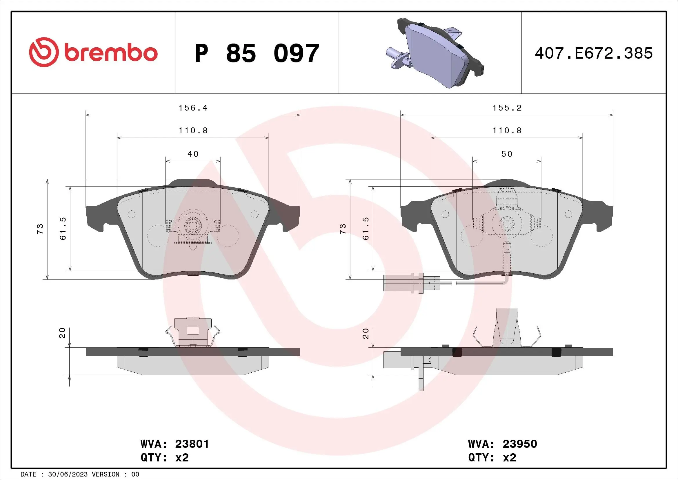Bremsbelagsatz, Scheibenbremse BREMBO P 85 097
