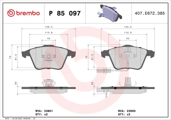 Bremsbelagsatz, Scheibenbremse BREMBO P 85 097 Bild Bremsbelagsatz, Scheibenbremse BREMBO P 85 097