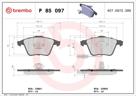 Bremsbelagsatz, Scheibenbremse BREMBO P 85 097 Bild Bremsbelagsatz, Scheibenbremse BREMBO P 85 097