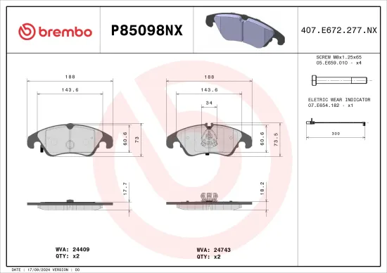 Bremsbelagsatz, Scheibenbremse BREMBO P85098NX Bild Bremsbelagsatz, Scheibenbremse BREMBO P85098NX
