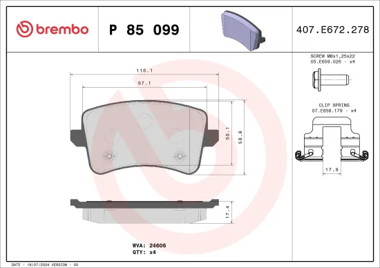 Bremsbelagsatz, Scheibenbremse Hinterachse BREMBO P 85 099 Bild Bremsbelagsatz, Scheibenbremse Hinterachse BREMBO P 85 099