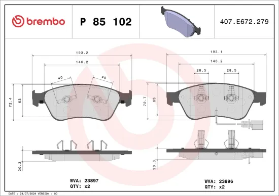 Bremsbelagsatz, Scheibenbremse BREMBO P 85 102 Bild Bremsbelagsatz, Scheibenbremse BREMBO P 85 102