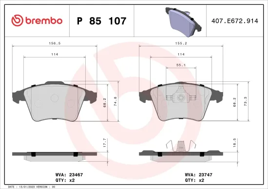 Bremsbelagsatz, Scheibenbremse Vorderachse BREMBO P 85 107 Bild Bremsbelagsatz, Scheibenbremse Vorderachse BREMBO P 85 107