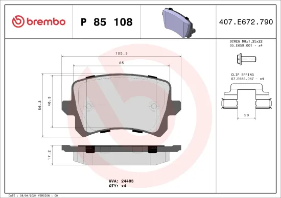 Bremsbelagsatz, Scheibenbremse Hinterachse BREMBO P 85 108 Bild Bremsbelagsatz, Scheibenbremse Hinterachse BREMBO P 85 108
