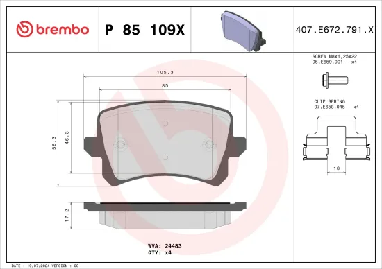 Bremsbelagsatz, Scheibenbremse Hinterachse BREMBO P 85 109X Bild Bremsbelagsatz, Scheibenbremse Hinterachse BREMBO P 85 109X