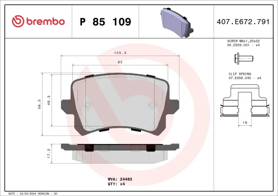 Bremsbelagsatz, Scheibenbremse Hinterachse BREMBO P 85 109 Bild Bremsbelagsatz, Scheibenbremse Hinterachse BREMBO P 85 109