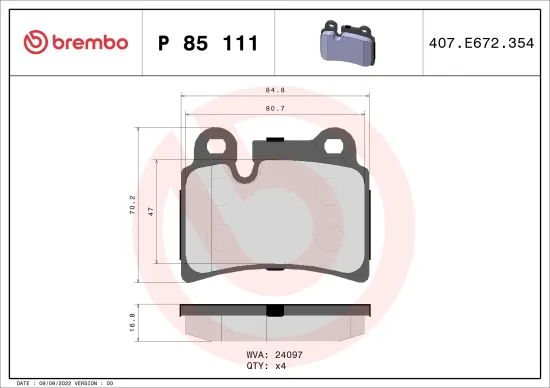 Bremsbelagsatz, Scheibenbremse Hinterachse BREMBO P 85 111 Bild Bremsbelagsatz, Scheibenbremse Hinterachse BREMBO P 85 111