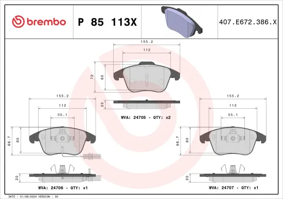 Bremsbelagsatz, Scheibenbremse Vorderachse BREMBO P 85 113X Bild Bremsbelagsatz, Scheibenbremse Vorderachse BREMBO P 85 113X