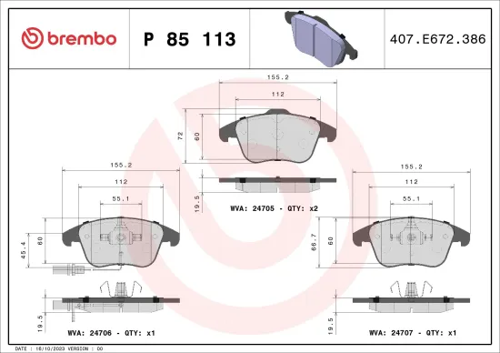 Bremsbelagsatz, Scheibenbremse Vorderachse BREMBO P 85 113X Bild Bremsbelagsatz, Scheibenbremse Vorderachse BREMBO P 85 113X