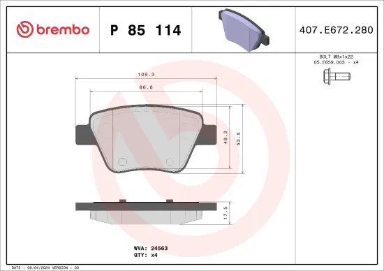 Bremsbelagsatz, Scheibenbremse BREMBO P 85 114 Bild Bremsbelagsatz, Scheibenbremse BREMBO P 85 114