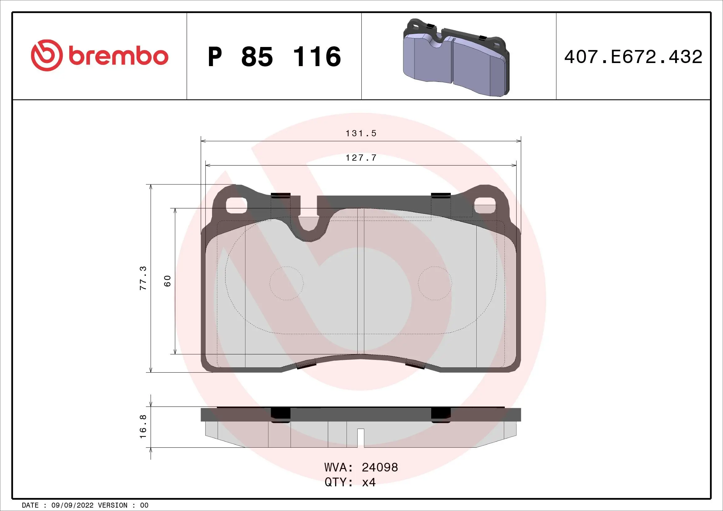 Bremsbelagsatz, Scheibenbremse BREMBO P 85 116