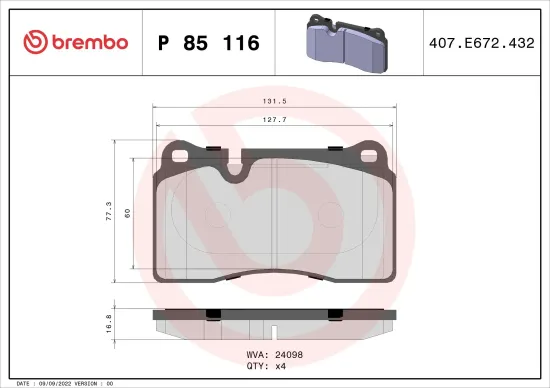 Bremsbelagsatz, Scheibenbremse BREMBO P 85 116 Bild Bremsbelagsatz, Scheibenbremse BREMBO P 85 116