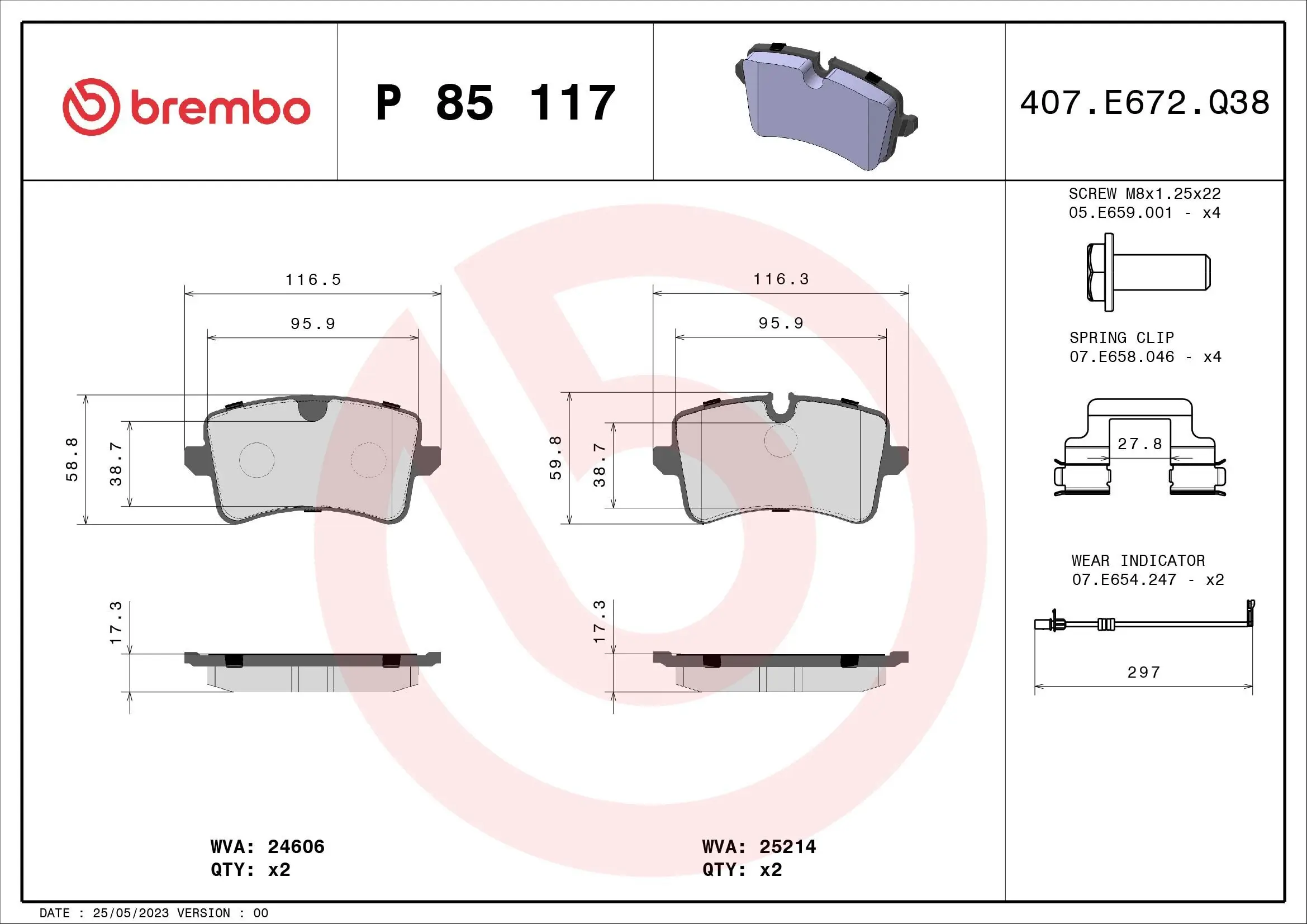 Bremsbelagsatz, Scheibenbremse Hinterachse BREMBO P 85 117