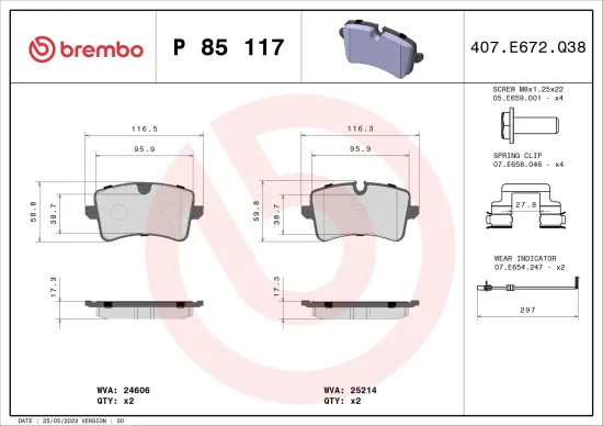 Bremsbelagsatz, Scheibenbremse Hinterachse BREMBO P 85 117 Bild Bremsbelagsatz, Scheibenbremse Hinterachse BREMBO P 85 117